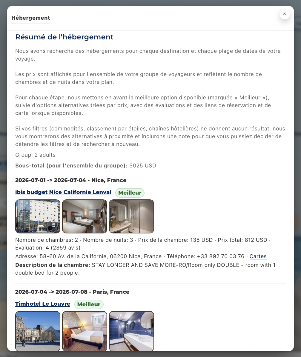 Example Accommodation Summary view showing lodging options