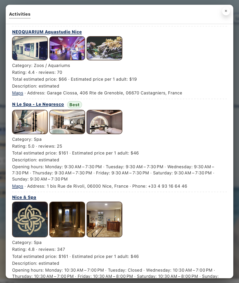 Example Activities view showing category-based activity suggestions