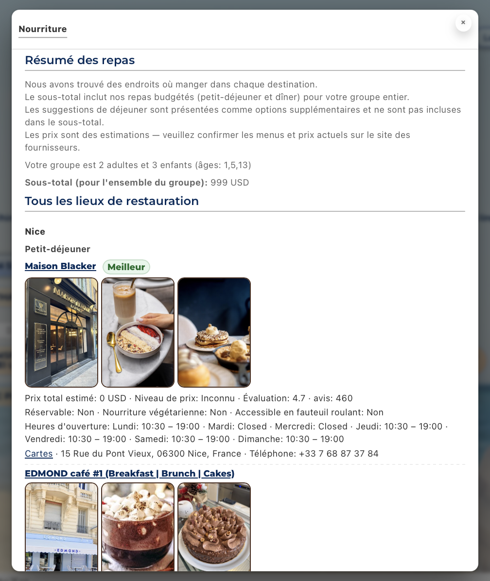 Example Food Places view showing meal suggestions and restaurant details